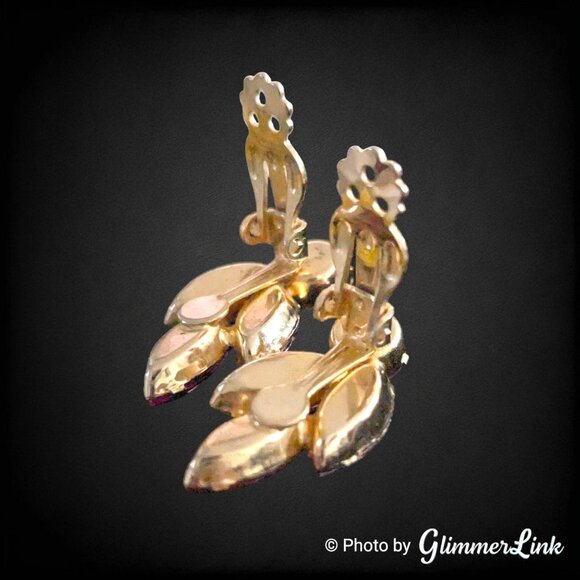 Vintage Mid Century Pink & Purple Glass Rhinestone Gold Tone Clip On Earrings - Picture 7 of 8